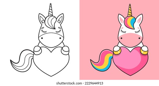 Cute pink unicorn. Childrens coloring book. Illustration for coloring. Vector illustration