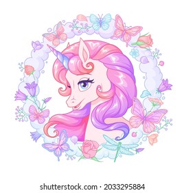 Cute pink unicorn in cloud frame with flowers and butterflies. Vector illustration isolated on white background.