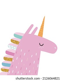 Cute pink unicorn with colorful mane. Kids graphic. Vector hand drawn illustration.