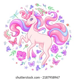 Cute pink unicorn with colorful shiny mane surrounded with flowers and butterflies. Cartoon vector illustration isolated on white background.