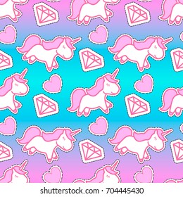 Cute pink unicorn with diamonds and hearts. Seamless pattern. Cartoon vector illustration
