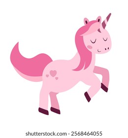 Cute pink unicorn. Fabulous unicorn in flat style. Vector illustration isolated for greeting card, poster, print, textile, children books, wallpaper. 