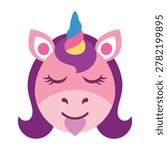 A cute pink unicorn face with purple hair and a colorful horn smiling sweetly cartoon character