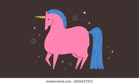 Cute pink unicorn. Fairytale funny whimsical groovy horse. Print design for greeting cards, posters, banners. Year of the Horse. Vector illustration in flat style