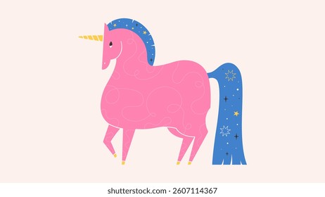 Cute pink unicorn. Fairytale funny whimsical groovy horse. Print design for greeting cards, posters, banners. Year of the Horse. Vector illustration in flat style