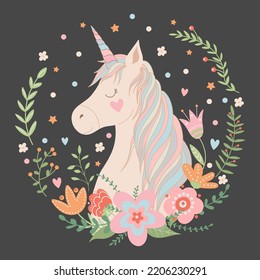 Cute pink unicorn with flowers and floral elements, on a dark background.