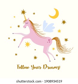 A cute pink unicorn glides into the clouds among the stars. Follow your dreams. Children's illustration.