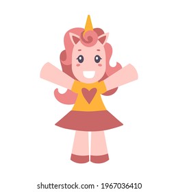 A cute pink unicorn greets with open arms and smiling broadly. Vector illustration in flat style