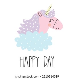 Cute pink unicorn with lettering HAPPY DAY. Vector illustration