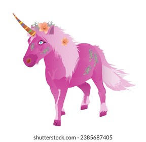 Cute pink unicorn - magical horse with a lush mane and tail. Vector illustration isolated on white background.