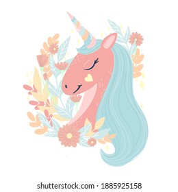 Cute pink unicorn portrait with beautiful blue mane. Vector illustration. Head of cute sleepy unicorn with closed eyes in hand drawn flowers and leaves. 