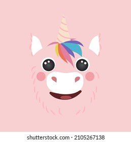 Cute pink unicorn portrait square smiley head cartoon character mascot round shape animal face, isolated vector icon illustration. Flat simple hand drawn for kids poster, cards, t-shirts, baby clothes