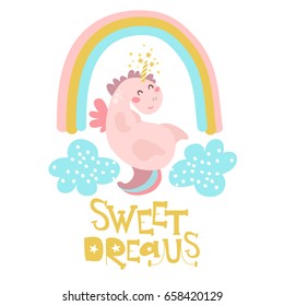 Cute pink unicorn with rainbow and clouds. Childish vector illustration. Perfect for baby and kids design,t-shirt prints,nursery decoration,poster,cards