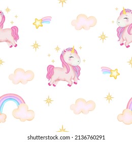 Cute pink unicorn and rainbow seamless pattern. Watercolor style vector design