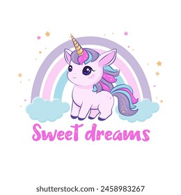 Cute pink unicorn with rainbow and sweet dreams phrase. Vector illustration isolated on white background.