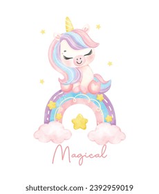 Cute pink unicorn with rainbow watercolor nursery Art illustration. Magical Unicorn.