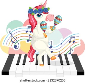 Cute pink unicorn shaking maracas with music notes on piano illustration