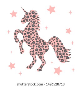 cute pink unicorn silhouette with animal print with leopard dots and stars vector illustration isolated on white background