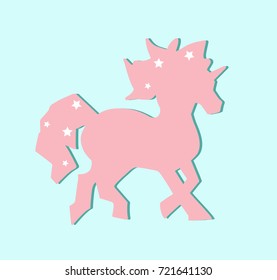 Cute pink unicorn silhouette with stars on blue background. Mane with the stars. Fantasy magical unicorn for wall paper. Running unicorn poster. Fantasy magical unicorn