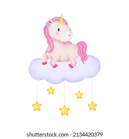 Cute pink unicorn sitting on the cloud. Watercolor style vector design