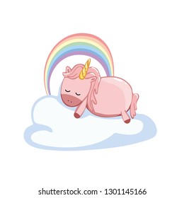 A cute pink unicorn is sleeping in the clouds under a rainbow. On a white background