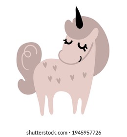 Cute pink unicorn. Standing magic pony from a fairy tale. Animal for design of a nursery for a girl, a holiday or a party. Flat cartoon illustration isolated on white background.