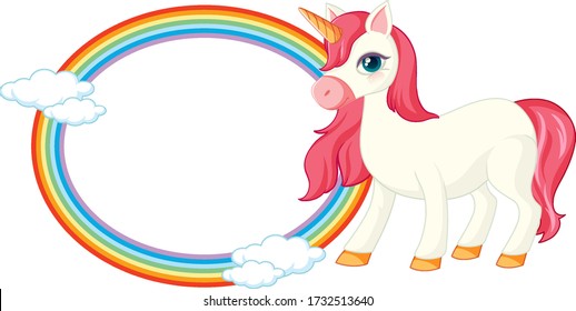 Cute pink unicorn in standing position with rainbow ring on white background illustration