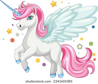 A cute pink unicorn surrounded by stars in a vector cartoon illustration style