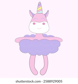 Cute pink unicorn with thin legs in tutu dancing for kids print logo