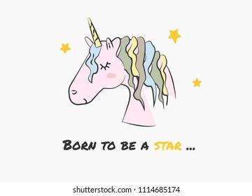 Cute pink unicorn vector illustration with rainbow mane and "born to be a star" quote. Vector illustration for print, interior or digital