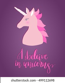 Cute pink unicorn. Vector illustration for greeting cards, kids clothing, baby posters