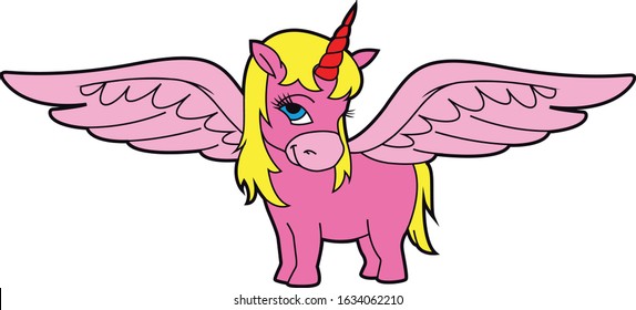 Cute pink unicorn with wings