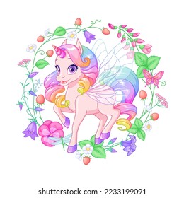 Cute pink unicorn with wings and summer flower wreath. Vector illustration isolated on white background.