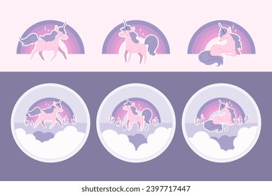 Unicornios rosados finos sobre el arcoiris. Logotipo, imprimir