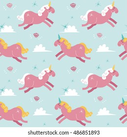Cute pink Unicorns in the sky on blue background seamless vector pattern.