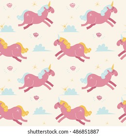 Cute pink Unicorns in the sky seamless vector pattern.