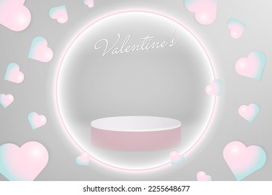 Cute Pink Valentine's Background with 3d rendered podium inside glowing ring with 3d heart bubble balloons. Editable Vector Illustration. EPS 10