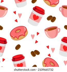 Cute pink valentine's coffee seamless pattern. Flat vector cartoon design