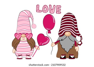 Cute pink Valentines day gnomes. Cartoon characters with balloon and candy. Vector illustration