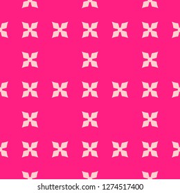 Cute pink vector floral texture. Simple geometric seamless pattern with flower silhouettes, crosses. Abstract ornamental background. Magenta and pink colored minimal ornament. Repeat decorative design