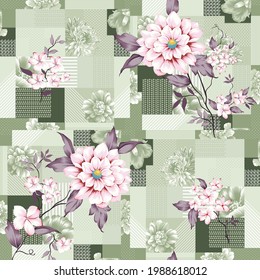 cute pink vector flowers with brown leaves bunches pattern on green bandanna background