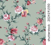 cute pink vector flowers with green leaves pattern on green background