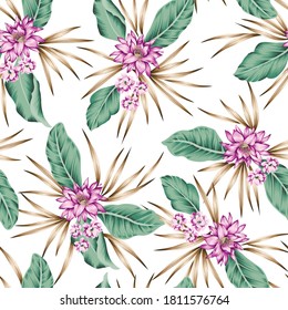 cute pink vector flowers with green and brown leaves pattern of white
