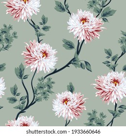 cute pink vector flowers with green leaves pattern on green background