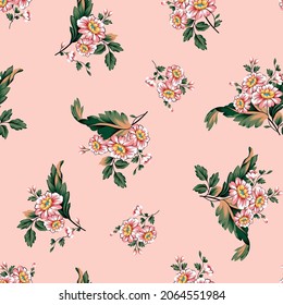 cute pink vector flowers with green leaf bunches pattern on pink background