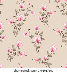 cute pink vector flowers with grey leaves bunches pattern on cream background