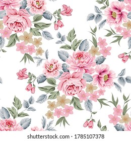 cute pink vector flowers with leaves bunches pattern of white