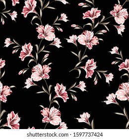 cute pink vector flowers pattern on black background