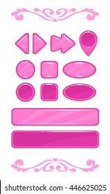 Cute pink vector game user interface, different shape buttons set