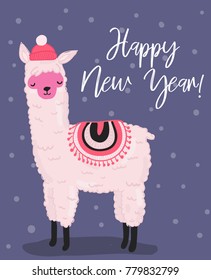 Cute pink vector illustration of hand drawn alpaca. Happy new year 2018 greeting card with cartoon lama in knitted hat and snow.